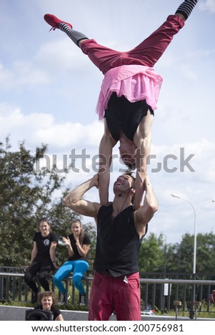 Warsaw, poland - May 30: Artists perform in their acrobatic show at 18. Science Picnic, on May 30, 2014 in Warsaw.