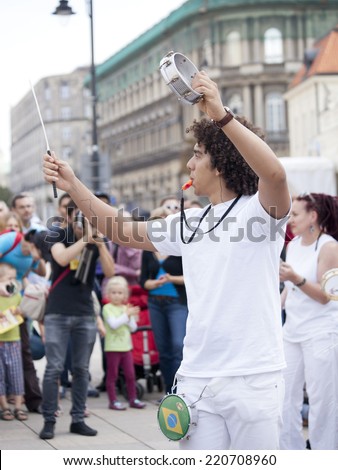 WARSAW, POLAND, August 31: Unidentified Carnival musician on the parade on Warsaw Multicultural Street Party on August 31, 2014 in Warsaw, Poland.
