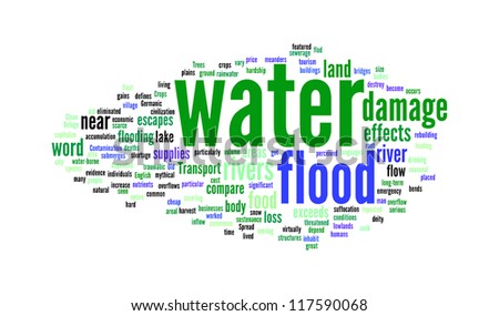 Flood related word in tag cloud. White background.