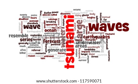 Tsunami related word in tag cloud. White background.