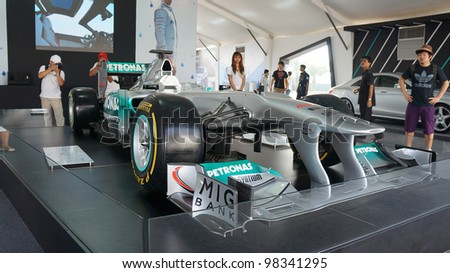 SEPANG, MALAYSIA-MARCH 23 : Front view of Petronas Mercedes GP F1 car on display during the Malaysian F1 Grand Prix on March 23, 2012 in Sepang International Circuit in Sepang, Malaysia.