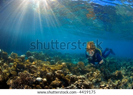 Woman scuba diver exploring the coral reef