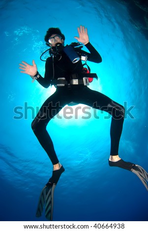 Funny diver under the surface facing hands