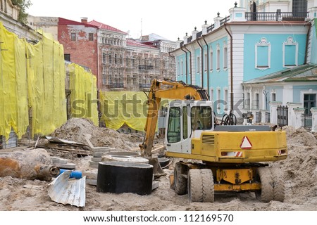 Road construction works in Andreevsky descent in Kyiv, Ukraine. Breaking up the street to renew