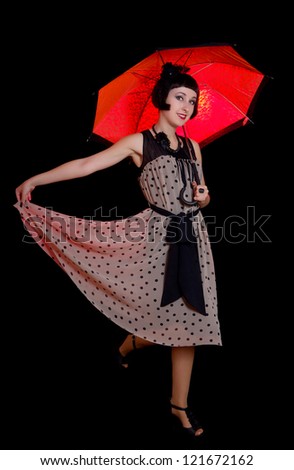 beautiful woman in retro styled dress with red umbrella