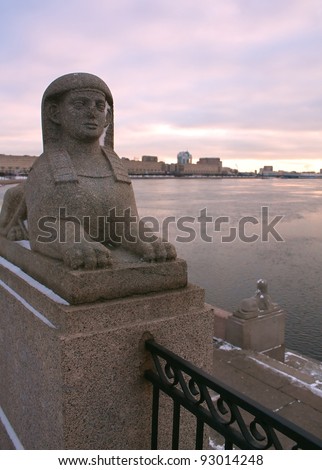 Antique Egyptian sphinx on quay of the Neva river. Saint-Petersburg, Russia