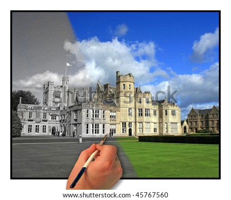 The building is a top school in the UK. The hand appears to be painting the photo.