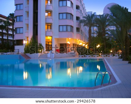 Turkey luxury hotel with pool at night
