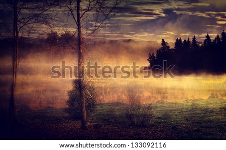 Vintage Landscape. Antique Style Photo With Foggy Lake And Forest.