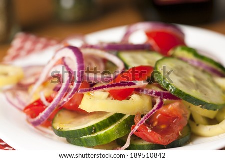 Healthy fitness salad with tomato,cucumber,onion,pepper,oregano,basil,olive oil