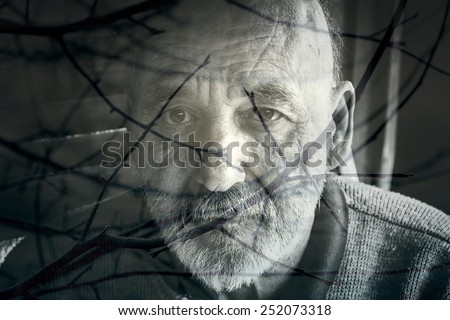 Double exposure photo of old senior man in depression