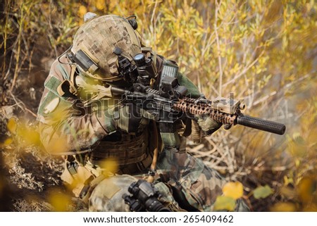 U.S. Rangers team aiming at a target of weapons