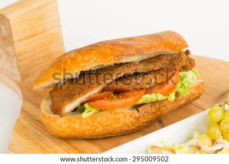 Photo of fresh delicious sandwich of meat on a wooden board