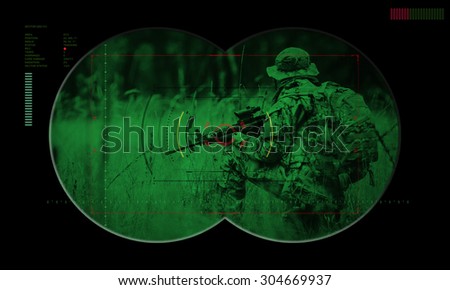 rangers team during night mission/operation hostage rescue.view through the night vision device