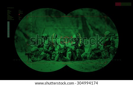 rangers team during night mission/operation hostage rescue.view through the night vision device