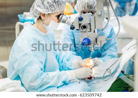 ophthalmology operation. Surgeon\'s hands in gloves performing laser eye vision correction correction. ophthalmology , medicine,  people concept
