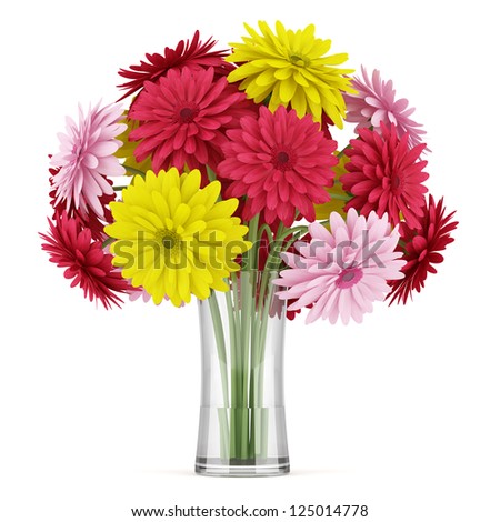 bouquet of yellow red and pink flowers in vase isolated on white background