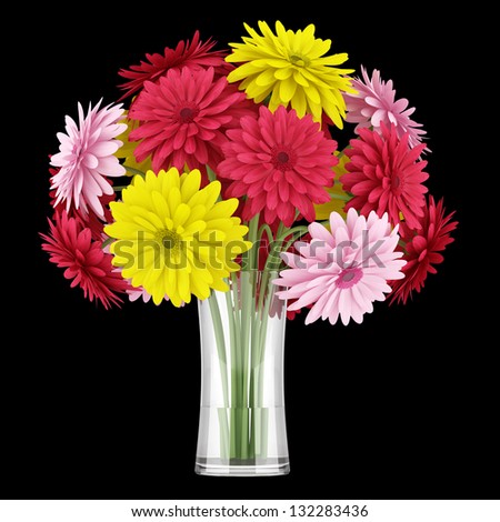 bouquet of yellow red and pink flowers in vase isolated on black background