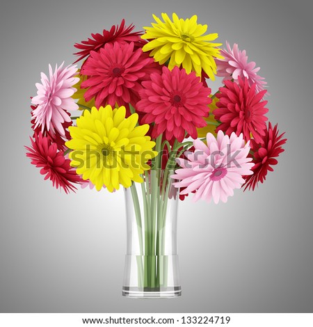 bouquet of yellow red and pink flowers in vase isolated on gray background