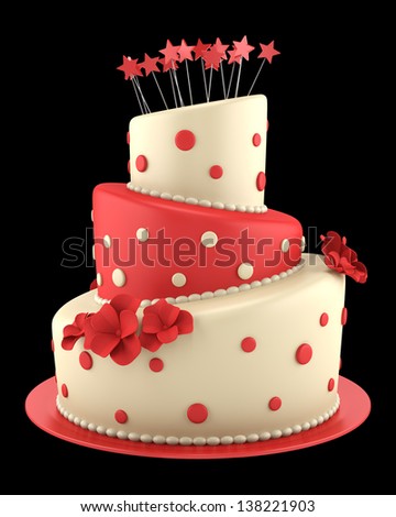 big round red and yellow cake isolated on black background