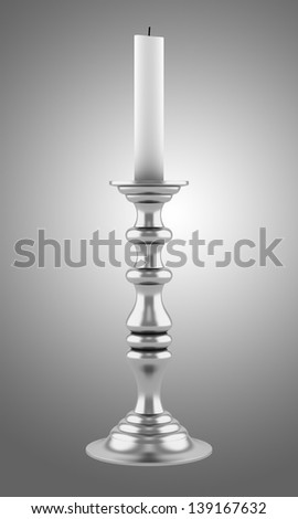silver candlestick with candle isolated on gray background