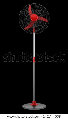 modern electric black and red floor fan isolated on black background