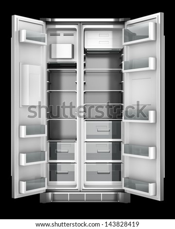 modern refrigerator with open doors isolated on black background