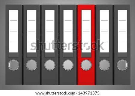 red file folder among similar gray folders isolated on gray background