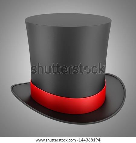 black top hat with red strip isolated on gray background