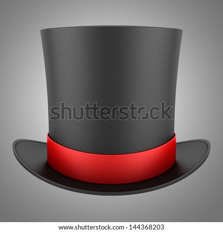 black top hat with red strip isolated on gray background