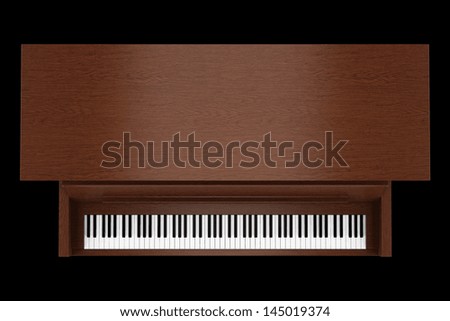 top view of brown upright piano isolated on black background