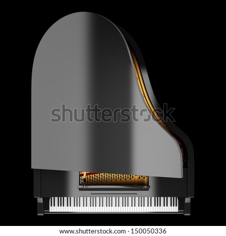 top view of black grand piano isolated on black background