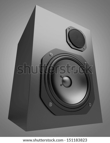 single black audio speaker isolated on gray background