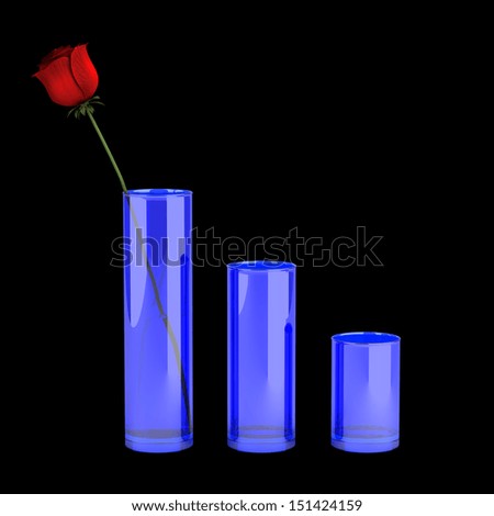 three blue glass vases with rose isolated on black background
