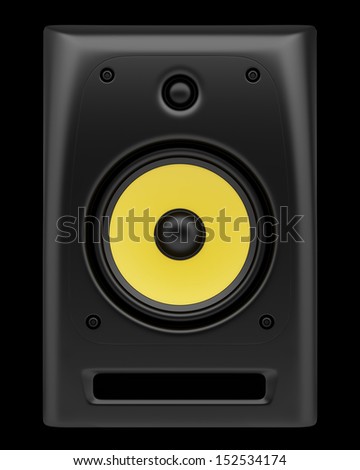single black audio speaker isolated on black background