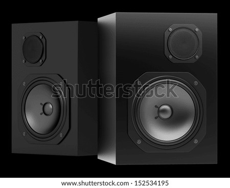 two black audio speakers isolated on black background