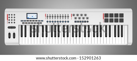 top view of gray synthesizer isolated on gray background