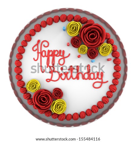 top view of round birthday cake with candles on dish isolated on white background