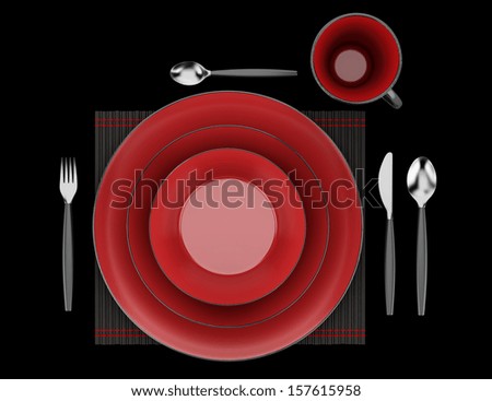 top view of black and red table setting with cup isolated on black background