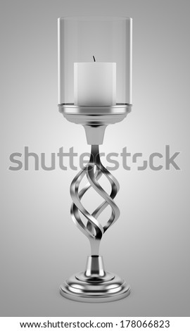 metal candlestick with candle isolated on gray background
