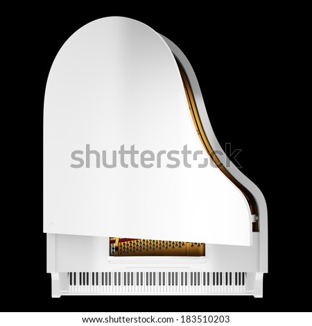 top view of white grand piano isolated on black background