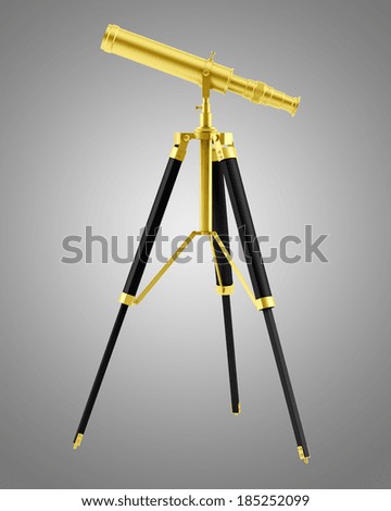 golden telescope on tripod isolated on gray background