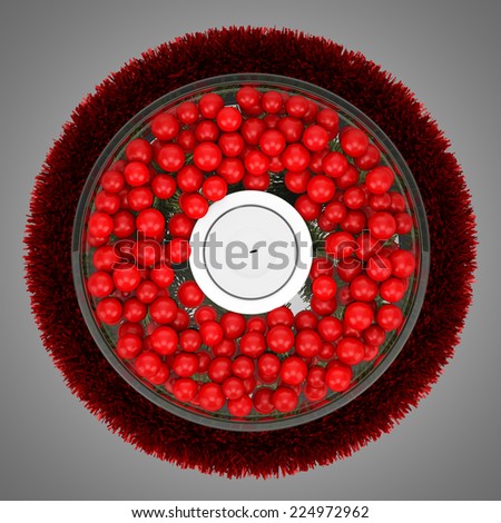 top view of christmas table decoration with candle isolated on gray background