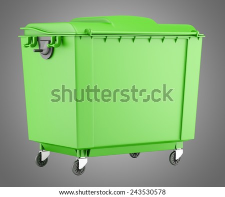 green garbage container isolated on gray background