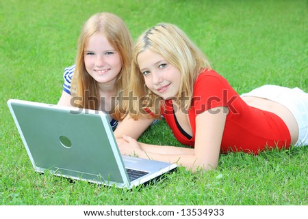 young girl teen notebook garden laptop