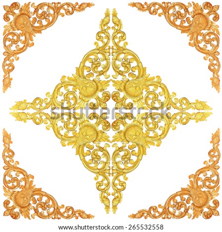 wooden gold paint decorative  of flower carved Pattern frame on white background