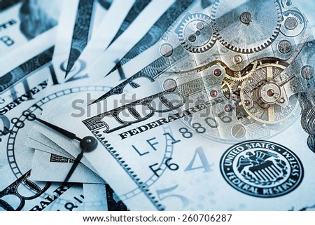 Conceptual background time costs money toned in blue