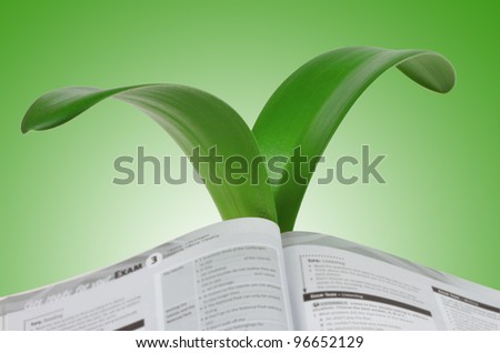 An open book to the growing leaves of lily isolated on green  background