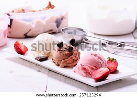 three scoops of ice cream chocolate vanilla strawberry three scoops of ice cream chocolate vanilla strawberry
