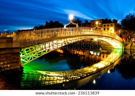 River Liffey at Ha\'penny Bridge at night, Dublin, Ireland